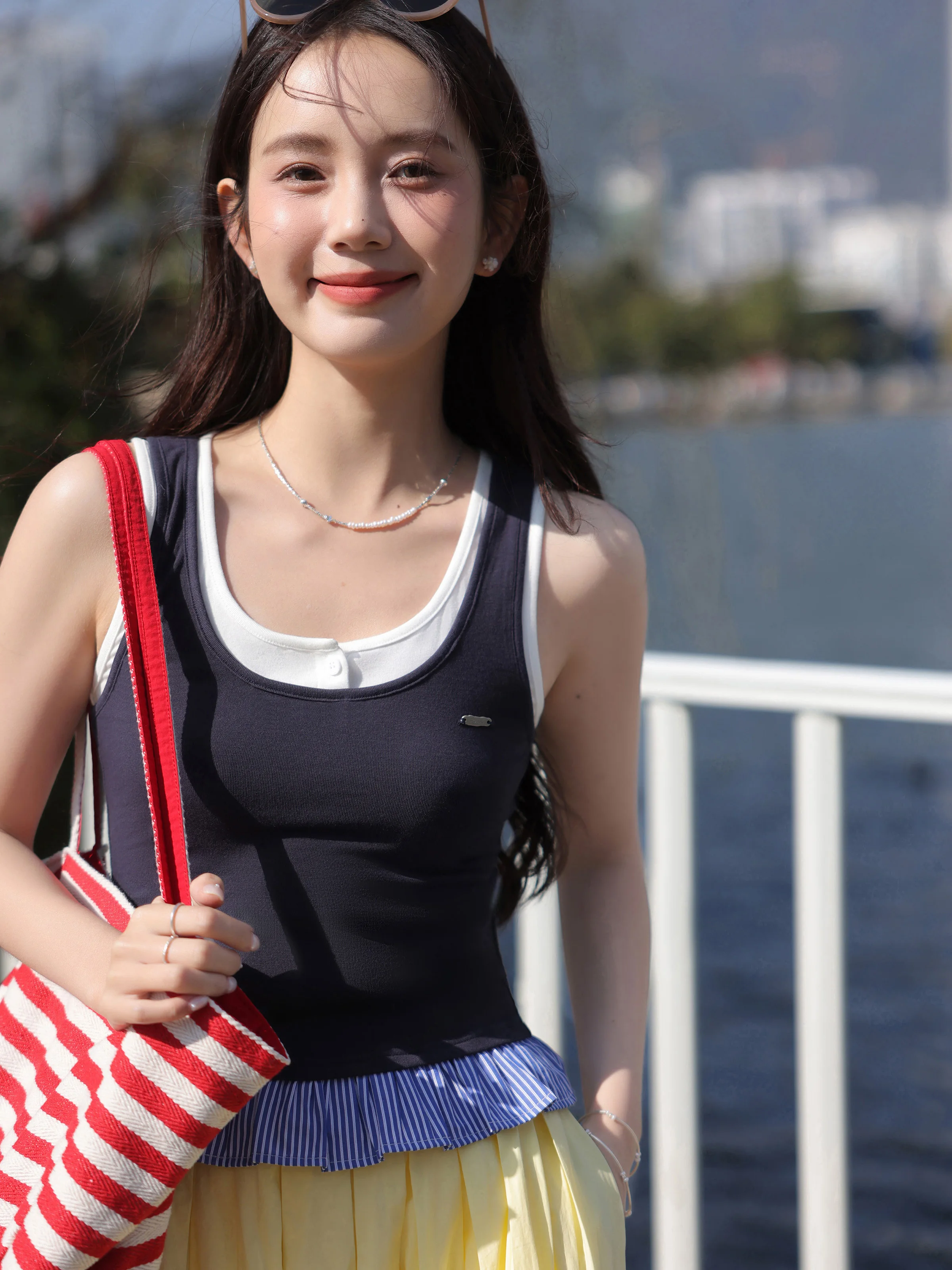 Two-Tone Layered Tank Top Women Summer Slim Fit Stretch Camisole 
