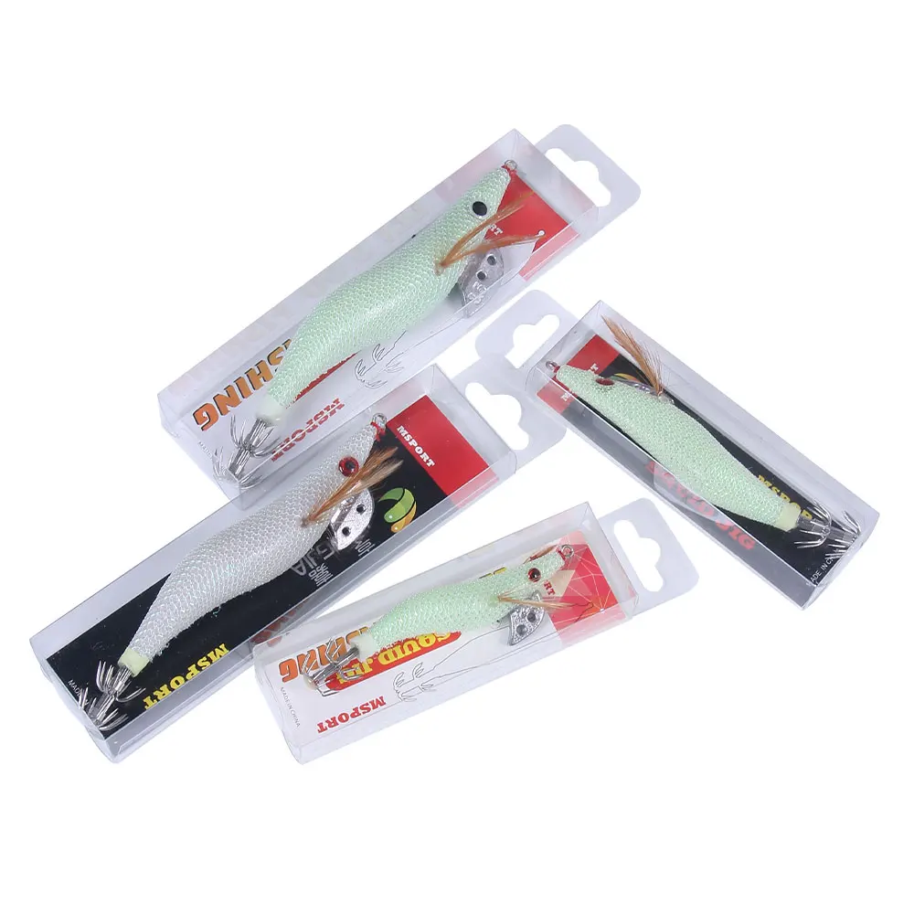 HENGJIA Leurres de calmar lumineux Glow Wood Shrimp with Octopus Squid Jig Hooks Cuttlefish Fishing Lure 2.0# 2.5# 3.0# 3.5#