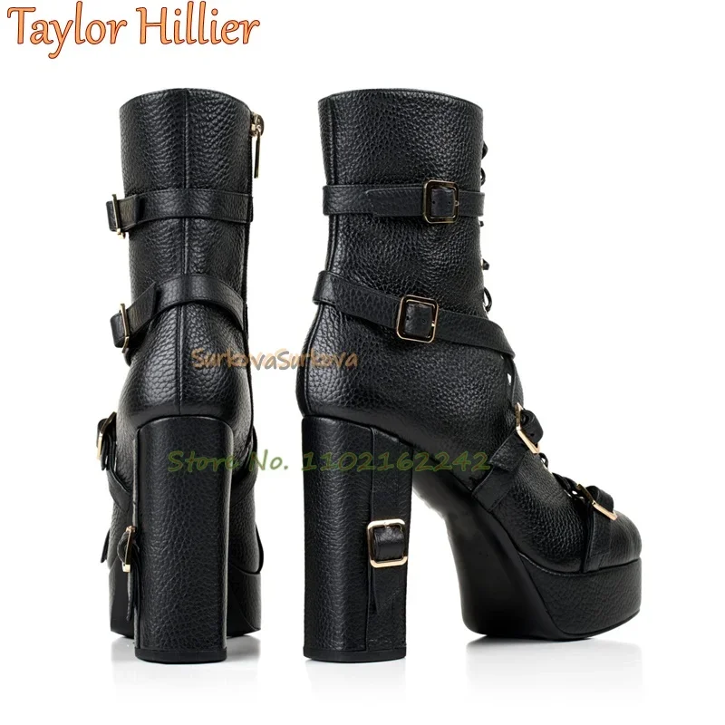 Черные ботильоны из натуральной кожи на толстом каблуке с пряжкой и ремешком на платформе с боковой молнией и высоким каблуком, женские зимние деловые ботинки 46