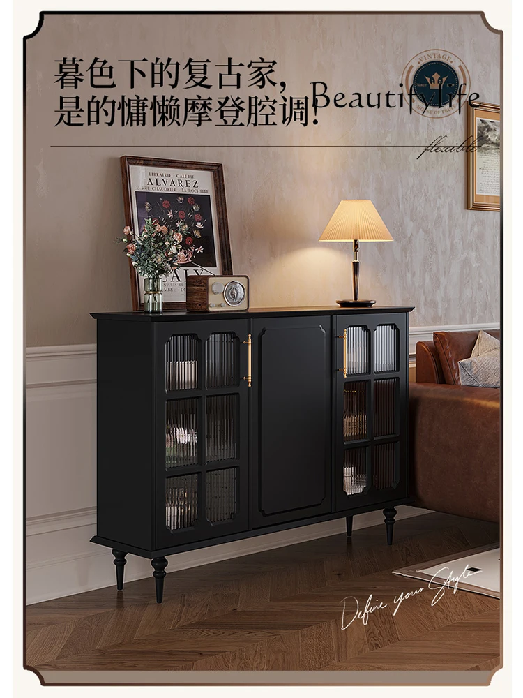 American Retro Wall Sofa Edge Side Cabinet Living Room Tea Cabinet Multi-Functional Storage Sideboard Cabinet