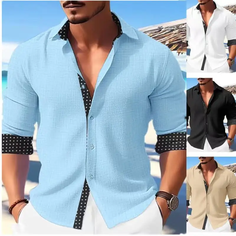 2023 Summer Fashion Men's Hawaiian Linen Shirt Men's Casual Patch Print Beach Long Sleeve Shirt 4 Colors 4XL Men's Shirts