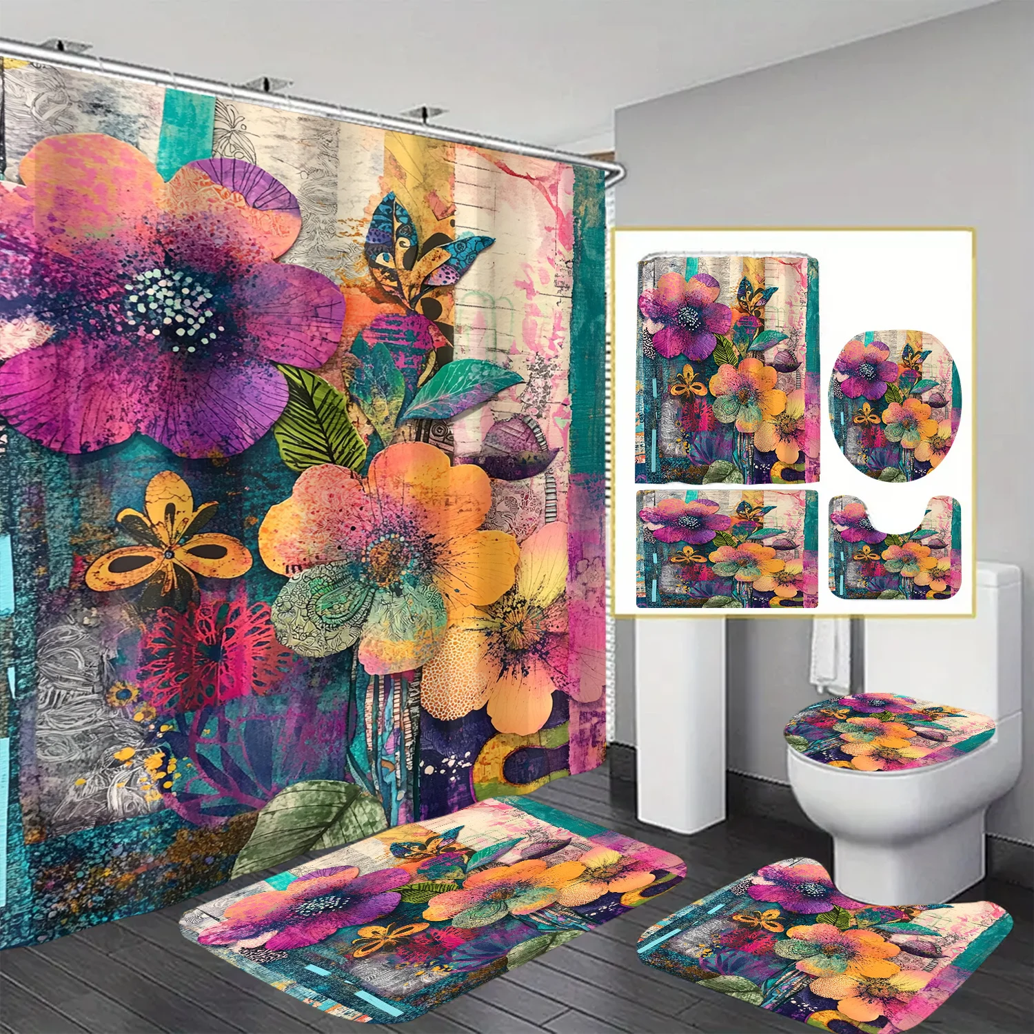 

Vibrant Floral Shower Curtain - Polyester, 12 Hooks, Machine Washable, Colorful Floral Design for Bathroom, Home, or Hotel Decor