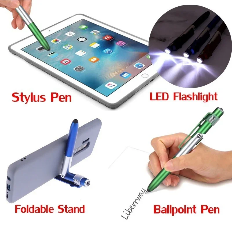 4 In 1 Metal Stylus Multi-Function Capacitive Pen / with LED Flashlight+ Phone Holder+ Capacitive Stylus+Ballpoint Pens