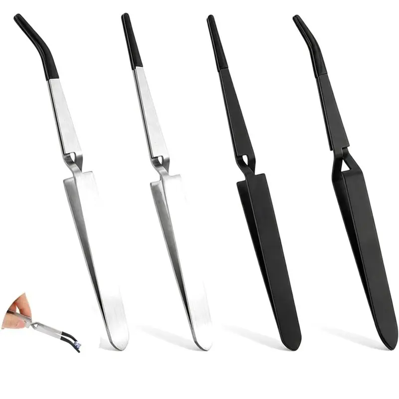 ABRU-4PCS Rubber Tip Tweezers Set, Reverse Tweezers For Crafting Stainless Steel PVC Coated Bent And Straight Flat Tip