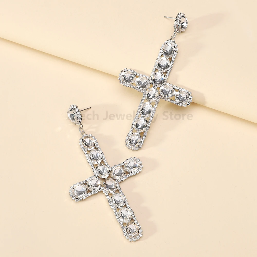 Fashion Shiny Crystal Decor Cross Dangle Drop Earrings For Women Luxury Vintage Design Classic Versatile Jewelry Accessories