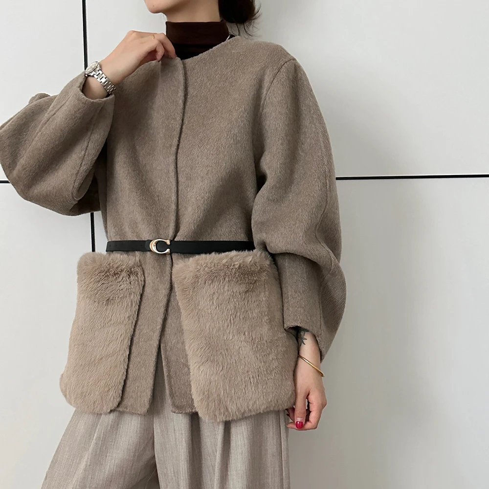 TWOTWINSTYLE Fluffy Spliced Belted Slimming Jacket for Women Round Collar Long Sleeve Patchwork Button Casual Jackets Female New