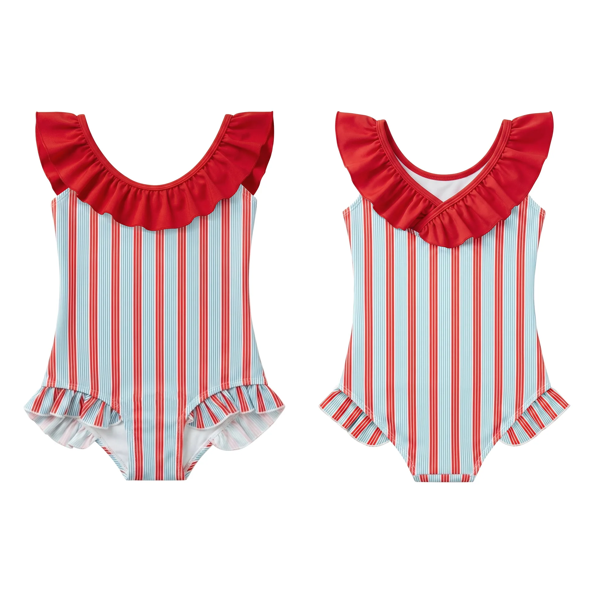 Kids Girls One Piece Swimsuit Red & Blue Striped Ruffle Swimwear Toddler Baby Girl Bathing Suit Beachwear Summer