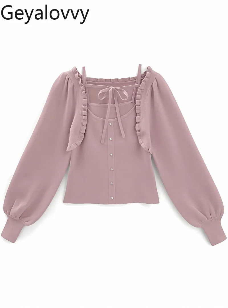 

Autumn New Japanese Sweet Versatile Ruffled Long Sleeve Short Knitted Cardigan + Solid Color Slim Fit Camisole Two-Piece Set