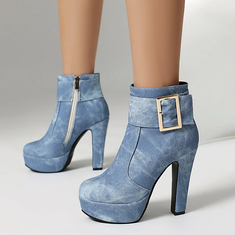 Square Metal Decal Denim Fabric Upper Platform Ultra-High Thick Heel Zipper Ankle Boots Plush Interior Retro Denim Short Boots