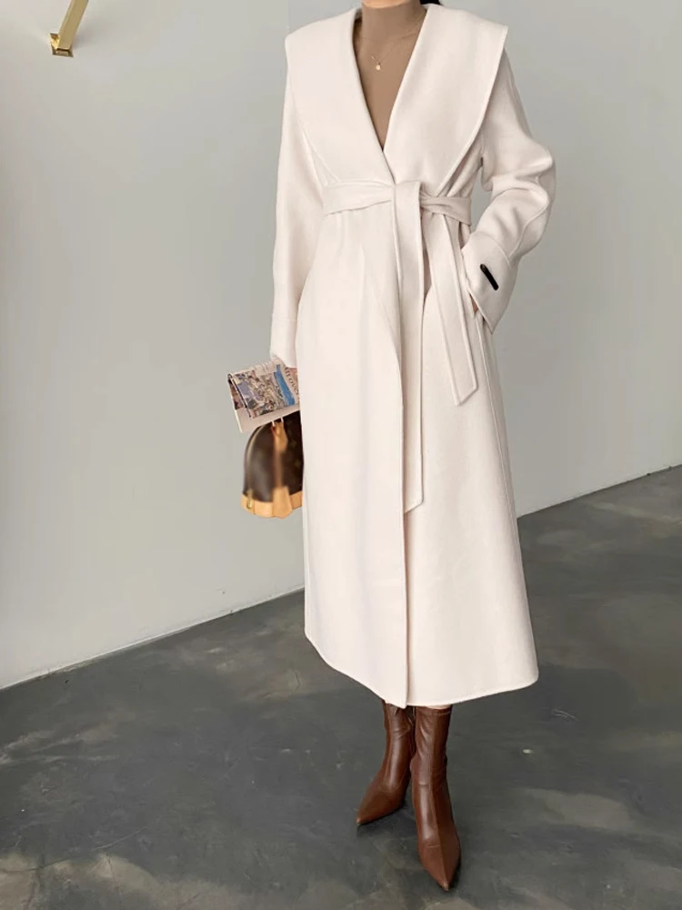 

Ele Chic Woolen Coat for Women Autumn Winter Vintage awl Collar Belted Waist Long Length Ladies Outerwear Korean Sle