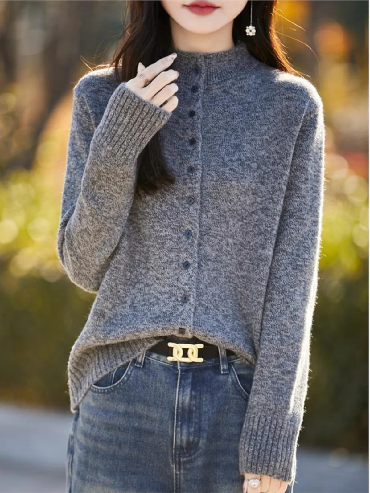 

Женский кардиган с высоким воротником, вязаный свитер с длинными рукавами, базовый слой, новинка осенне-зимнего сезона