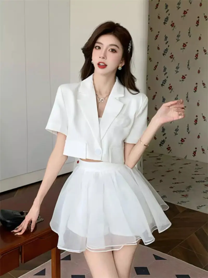 2 Piece Sets Women Outfit 2024 Summer Short Suit Jacket High Waist Fashion Summer Organza Puffy Skirt For Bussiness k1261