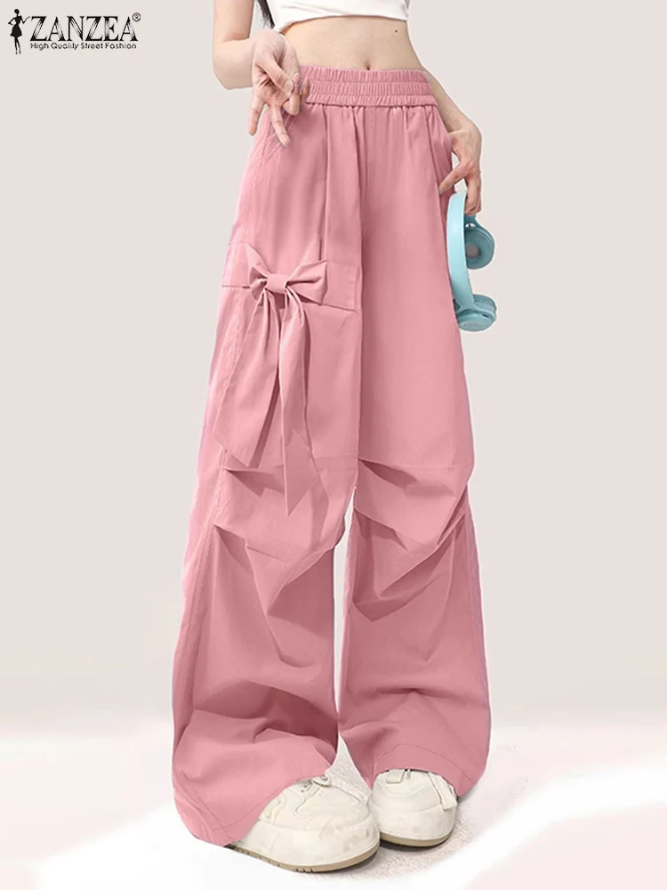 

ZANZEA Streetwear Pleated Wide Leg Pants Women Bowknot Detail Casual Loose Solid Pantalon Elastic Waist 2025 Spring Trousers