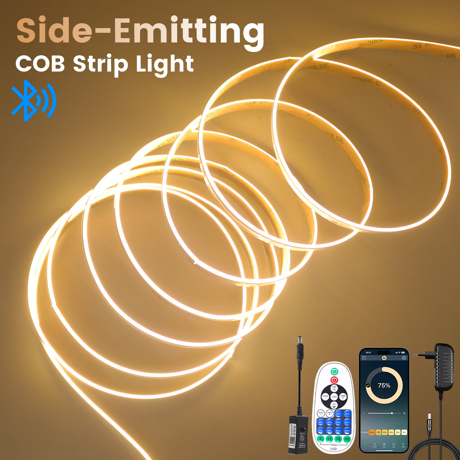 Bluetooth APP COB LED Side Emitting Strip Light DC 24V Remote Control EU US UK AU Plug 480LED/M Warm Natural White Flexible Tape