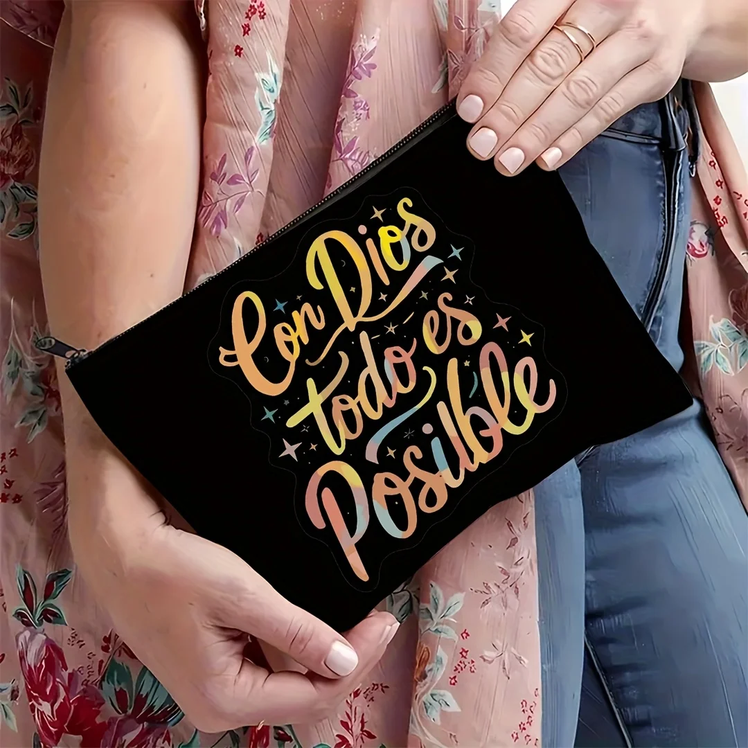 1pc Hot Selling Inspirational Spanish Bible Scripture Makeup Bag, Cosmetic Storage Bag, Aesthetic Accessory Pouch, Portable Toil