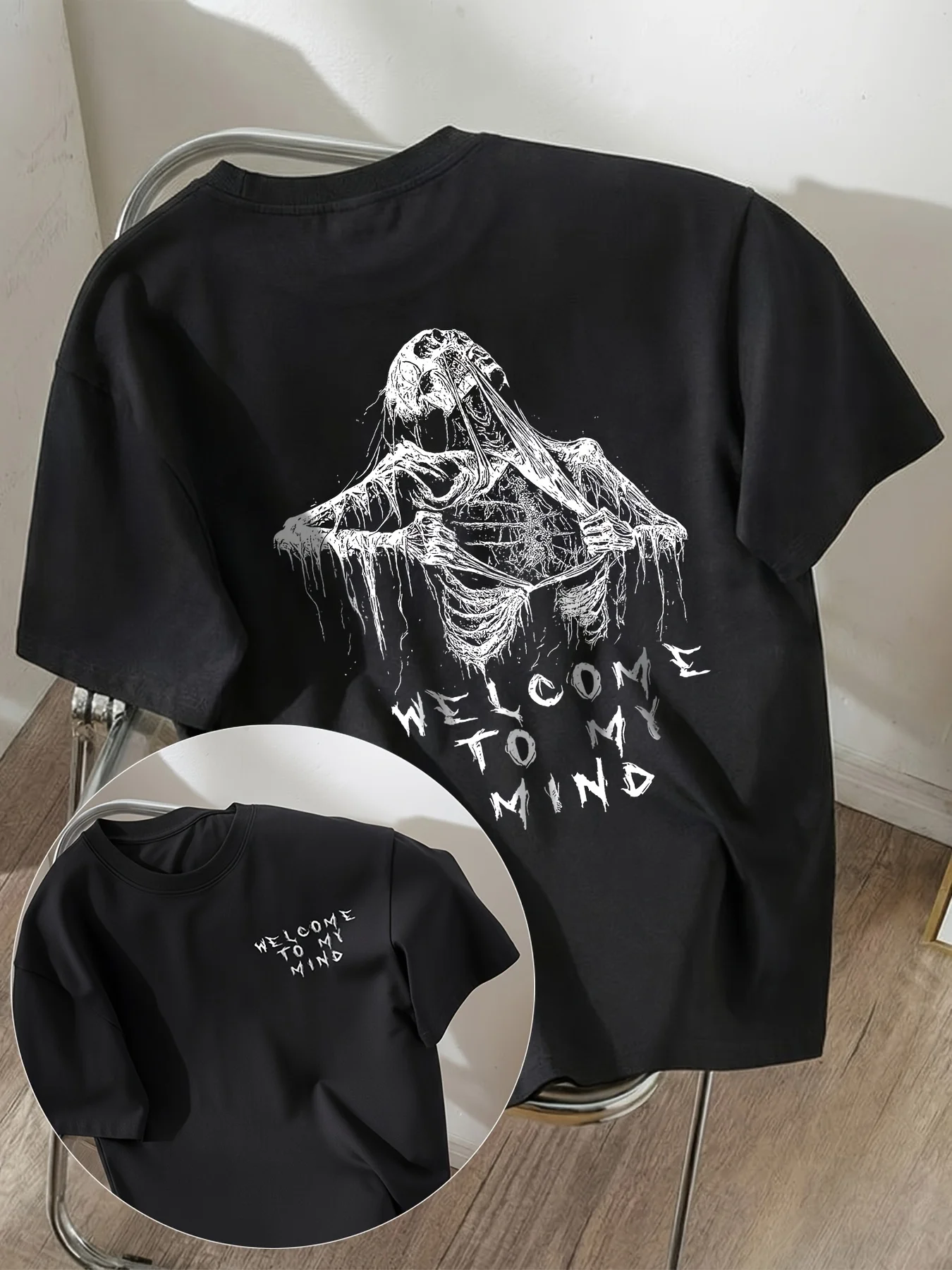 Cool Skeleton WELCOME TO MY MIND Letter Pattern Printed Women's Round Neck Short Sleeve T-shirt Suitable for Daily Wearing