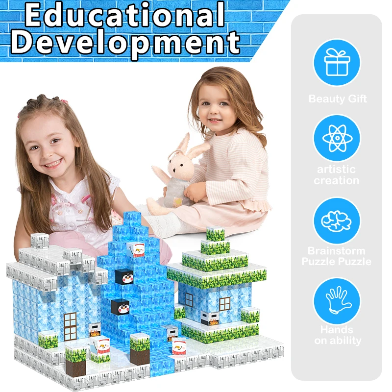 64/108/145 Uds. Juguetes de bloques de construcción de cubo magnético para niños, escenas de hielo y nieve para construir bricolaje, adecuados para niños mayores de 3 años