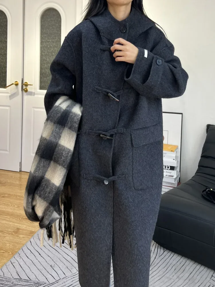 

Элитное двустороннее шерстяное пальто из кашемира, длинное, женское, с пуговицами-рогами, с капюшоном, свободного кроя, толстое, из натуральной шерсти, модное, осенне-зимнее