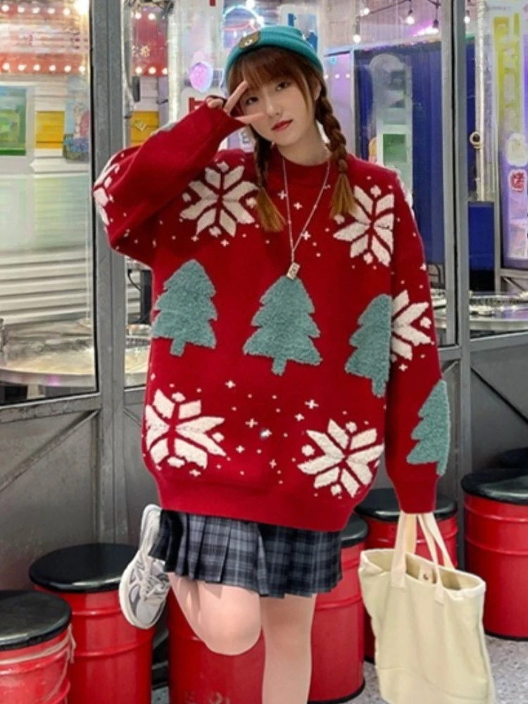 

Рождественский свитер с оленем, свободный ленивый стиль, осенне-зимний вязаный свитер, модный повседневный новый пуловер с круглым вырезом, топ