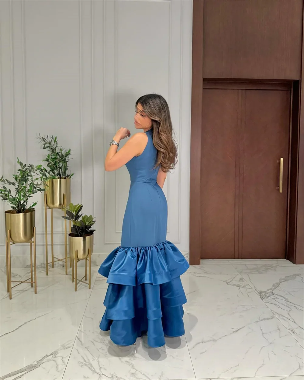 Saudi Arabia Formal Evening Gown V-neck Column Floor Length Vertically Hugging Flouncing Bespoke Occasion Dresses Prom Dress