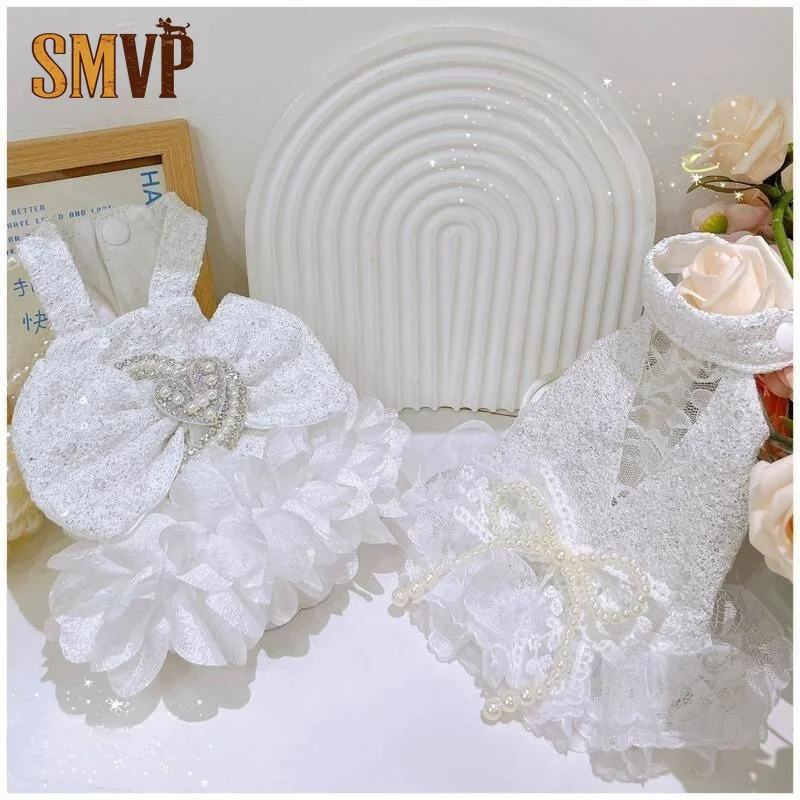 

White Lace Pet Princess Dress Deep V Sequin Camisole Tutu with Pearl Bow Elastic Sleeveless Wedding Party Outfit for Small Pets
