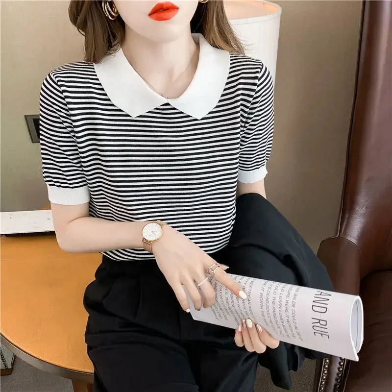 Basic Striped Patchwork Polo-Neck Shirt Loose Korean Striped Female Clothing Casual Short Sleeve Summer Stylish Knitted Blouse