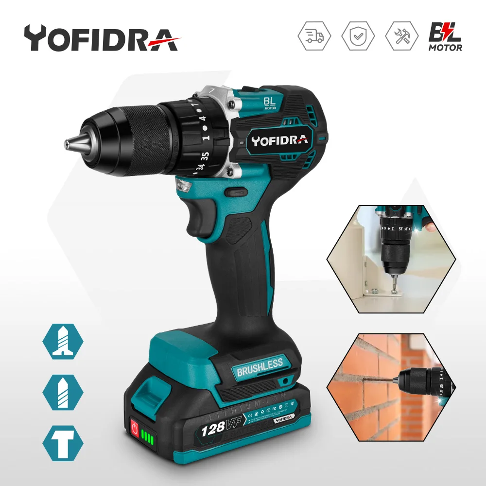 YOFIDRA 35+3 Torque 13MM Brushless Electric Screwdriver Cordless Impact Drill Car Repair Power Tools Set For Makita 18V Battery