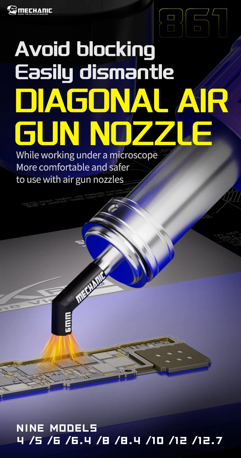 MECHANIC 861 アングルヒートガンノズルセット 9 サイズ 顕微鏡下での精密作業用のプレミアムスチールチップ ほとんどのヒートガンに適合