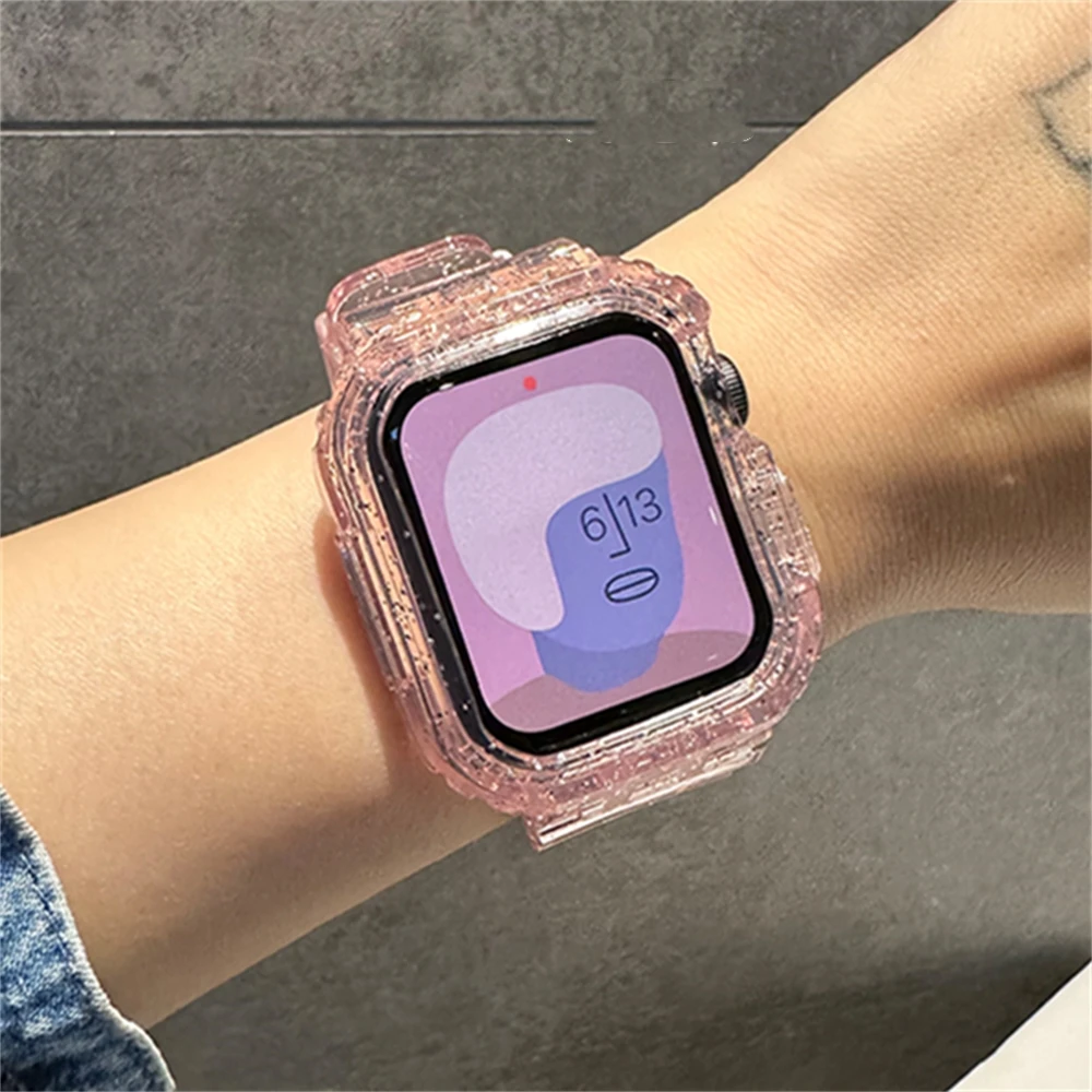 INS 2-IN-1 Glitter Clear Band+Case For Apple Watch 44 40 45 41 49 42 38mm Silicone Sports Strap For Ultra Serie 9 8 SE 7 6 5 4