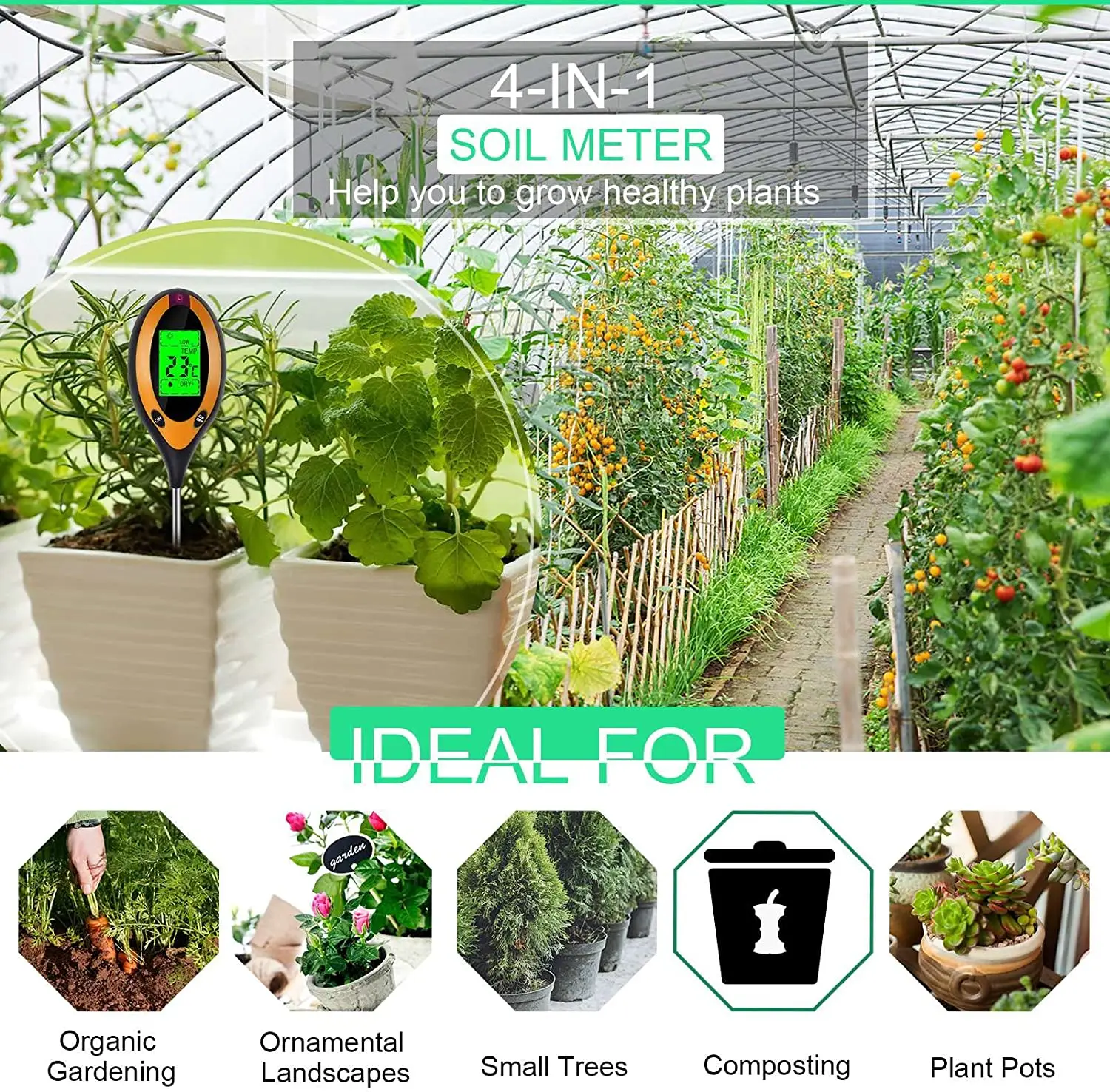 Digital 4/5 In 1 misuratore di PH del suolo misuratore di umidità temperatura Tester di luce solare per piante da giardinaggio agricoltura con Blacklight