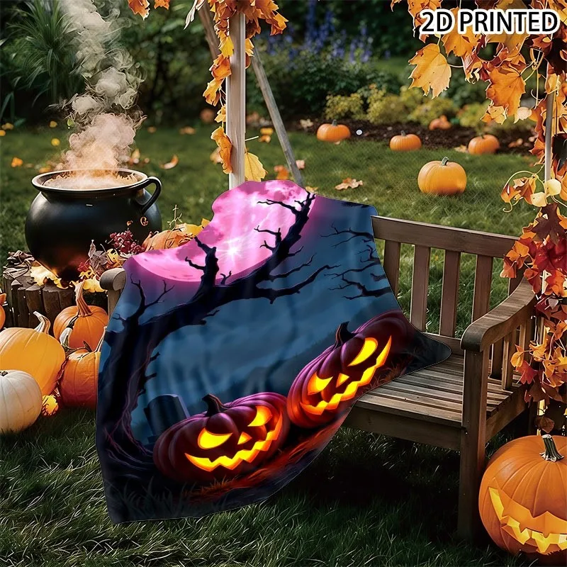 Spooky Halloween Graveyard Scene Throw Blanket, Glowing Jack-o'-Lanterns Pink Full Moon & Flying Crows Print, Multiple Specifica