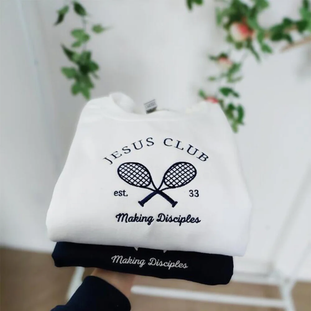 Jesus Club Tennis Embroidered Crewneck Sweatshirts Women Autumn Long Sleeve Thick Pullover Vintage Style Casual Loose Jumpers