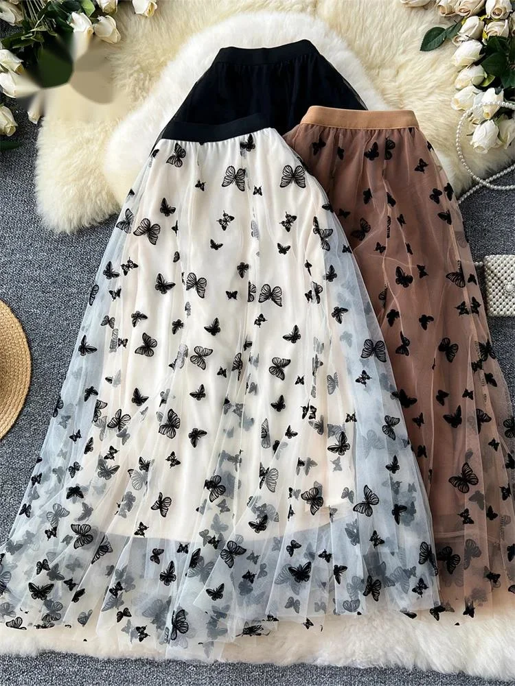 High Qulaity Embroidery Long Skirt Ladies Elastic Waist Butterfly Print Streetwear A Line Loose Mesh Party Skirt