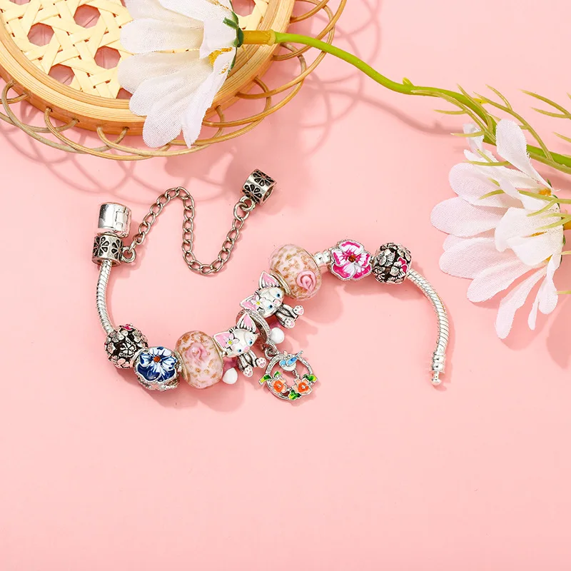 New Fine Disney Anime Beads Cute LinaBell Bracelet for Women Trendy Jewelry Pink Blass Flower Pendant Charms Girls Bangles Gifts