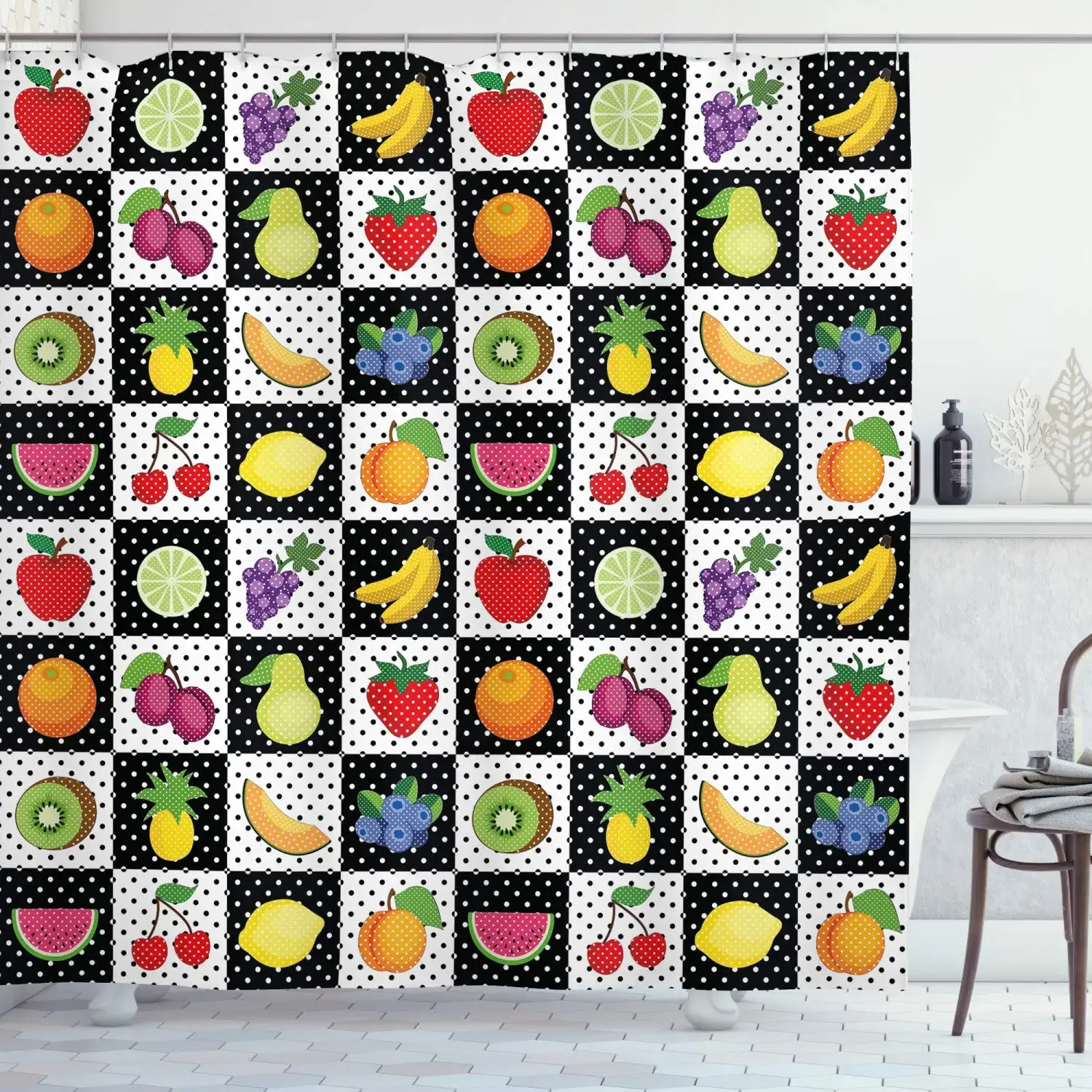 Black and White Shower Curtain,Kitchen Fruits and Vegetables Nature with Dots Chess Squares Art Design,Cloth Fabric Bathroom Set