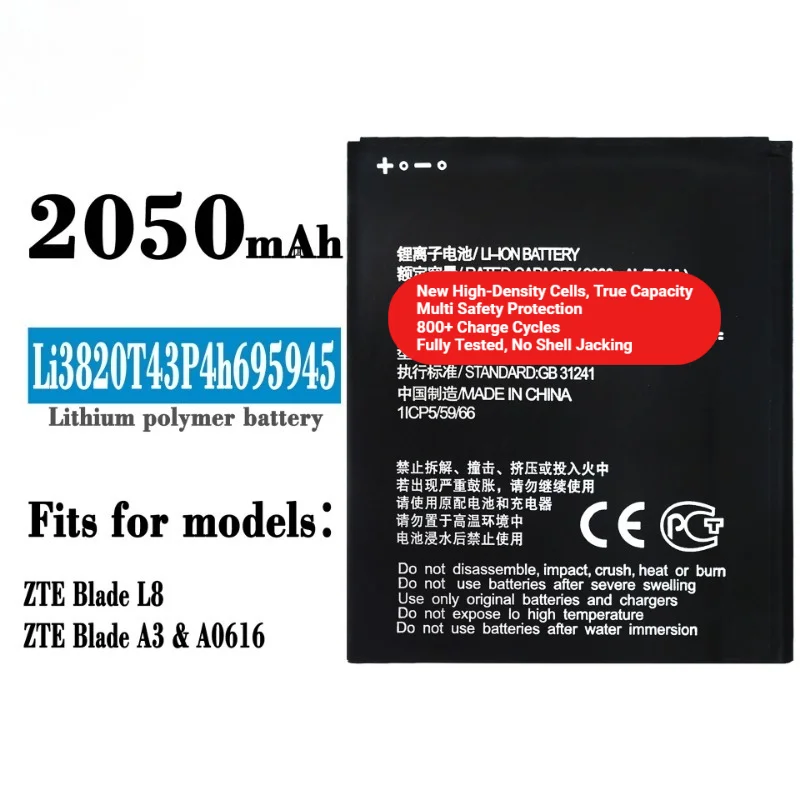 Li3820T43P4h695945 for ZTE Blade L8/A3/A0616 Phone Battery High Capacity Battery Replacement Bateria Grade A Cell with Tools