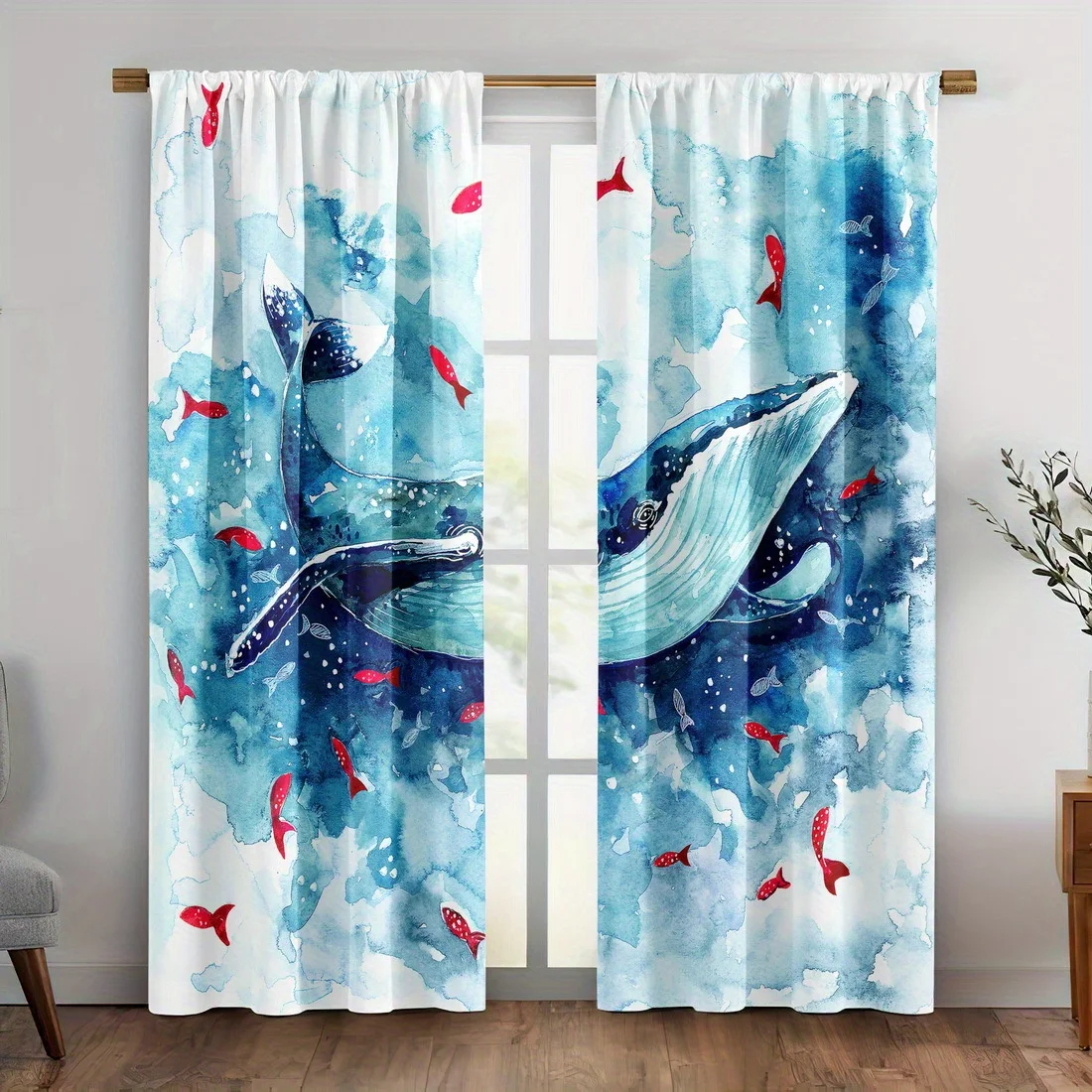 

2pc Ocean tractor print curtains, polyester fabric, machine washable, suitable for bedroom, living room, kitchen