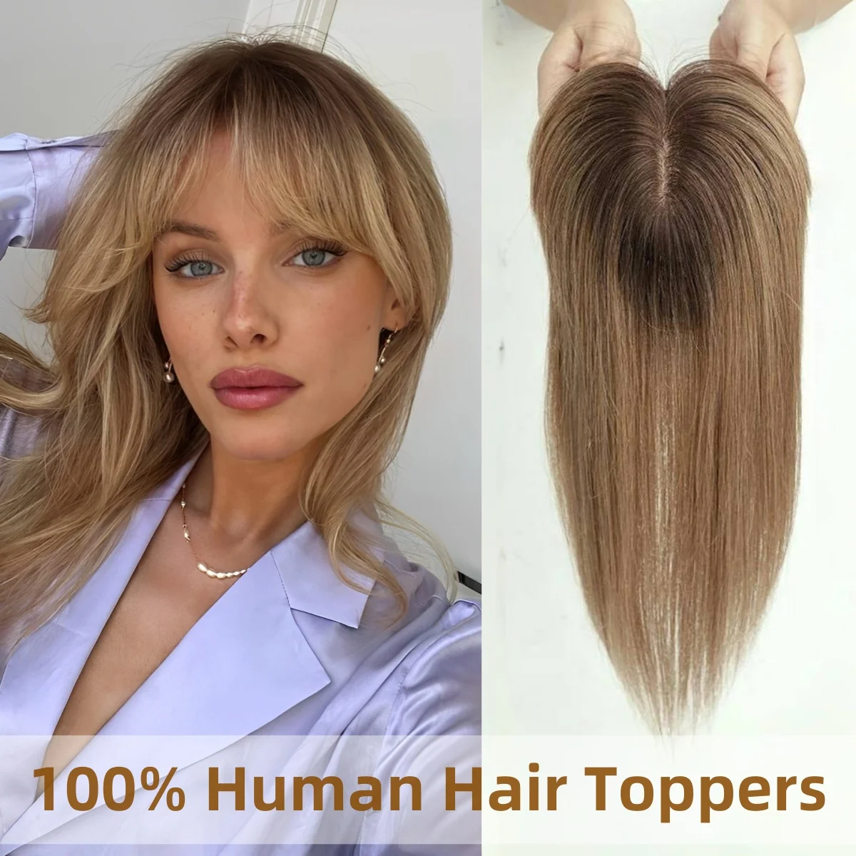 Ombre Brown Human Hair Topper with Bangs 100% Remy Human Hair Pieces Silk Base Clip in Hair Extensions for Women with Thin Hair