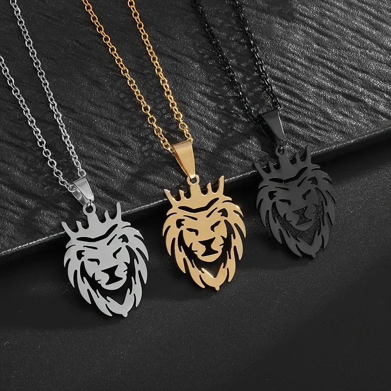 Stainless Steel Crown King Lion King Animal Necklace for Men Women Fashion Charm Casual Jewelry Gifts