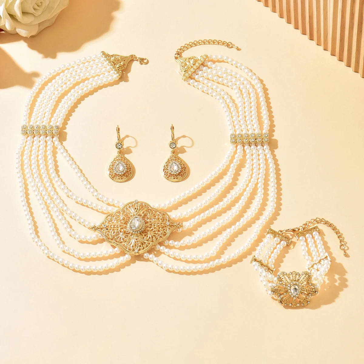 Middle Eastern Bridal Pearl Accessories Luxury Wedding Jewelry Handmade Necklace Earring Bracelet