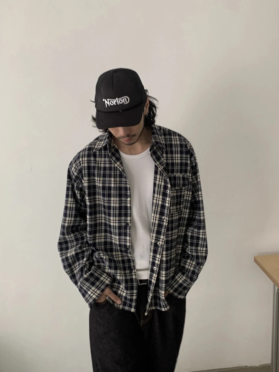 

Large Size 300 Pou American Retro Loose Lazy Plaid irt Casual Turn-down Collar Top for Men And Women Trendy Vintage Brand