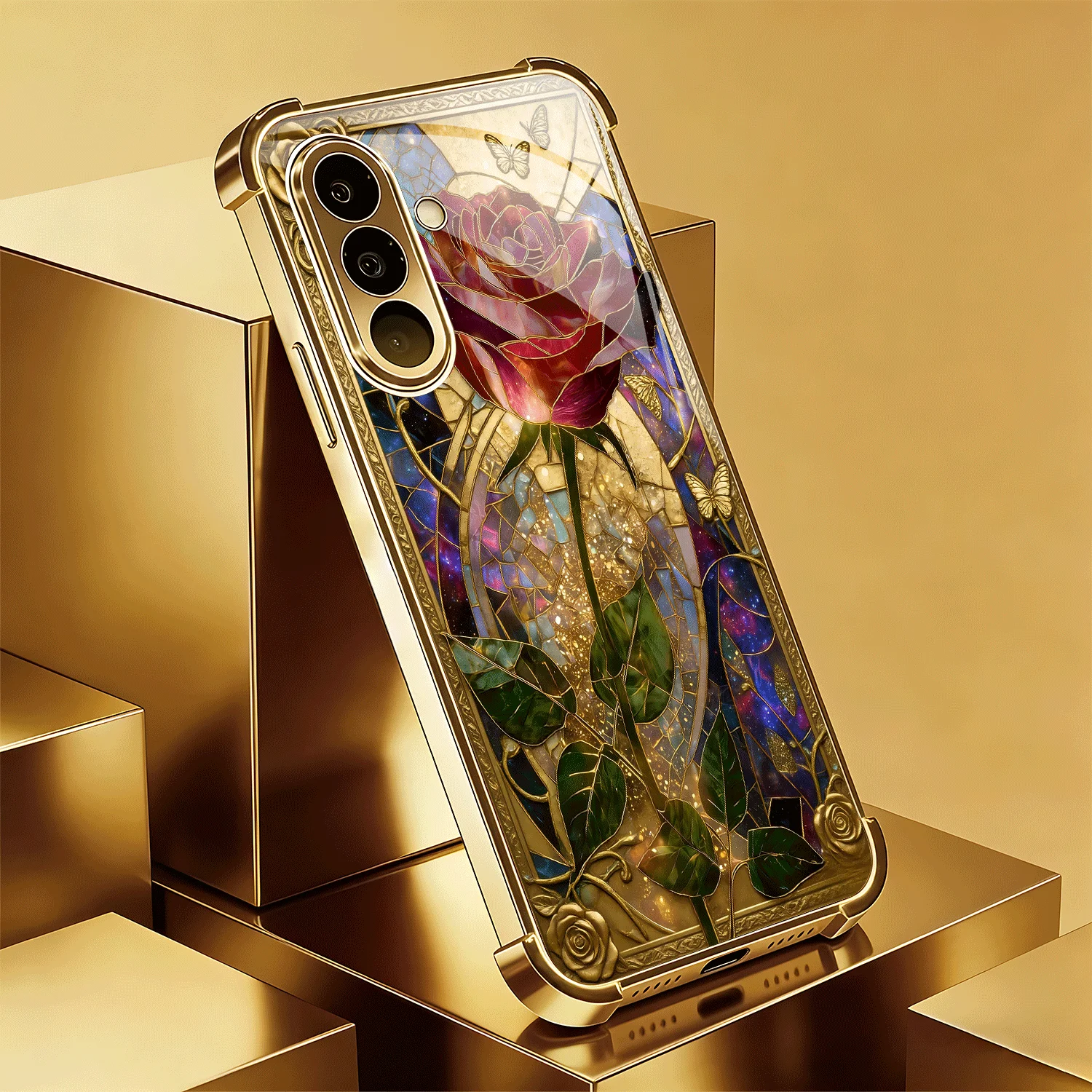 Gold border rose painted glass art piece with gold electroplated corners. Suitable for Samsung Galaxy S21/22/23/24/25 PLUS/S21