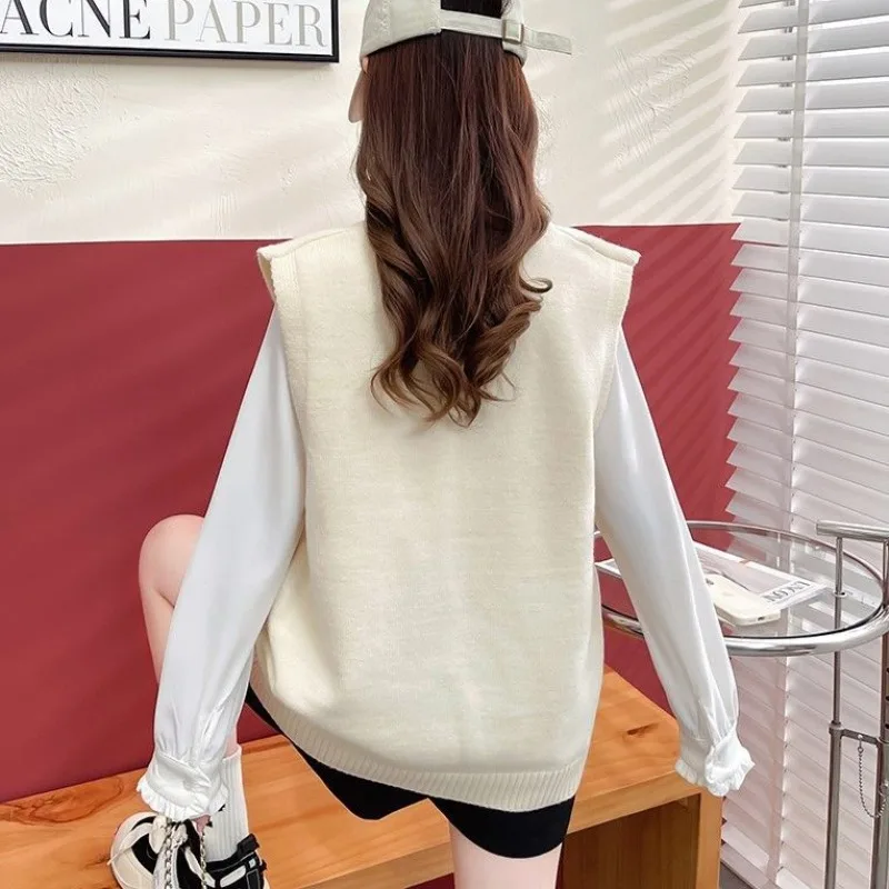 Autumn and Winter Women\'s Pullover V-neck Patchwork Cartoon Screw Thread Loose Knitted Sweater Fashion Casual Sleepless Tops