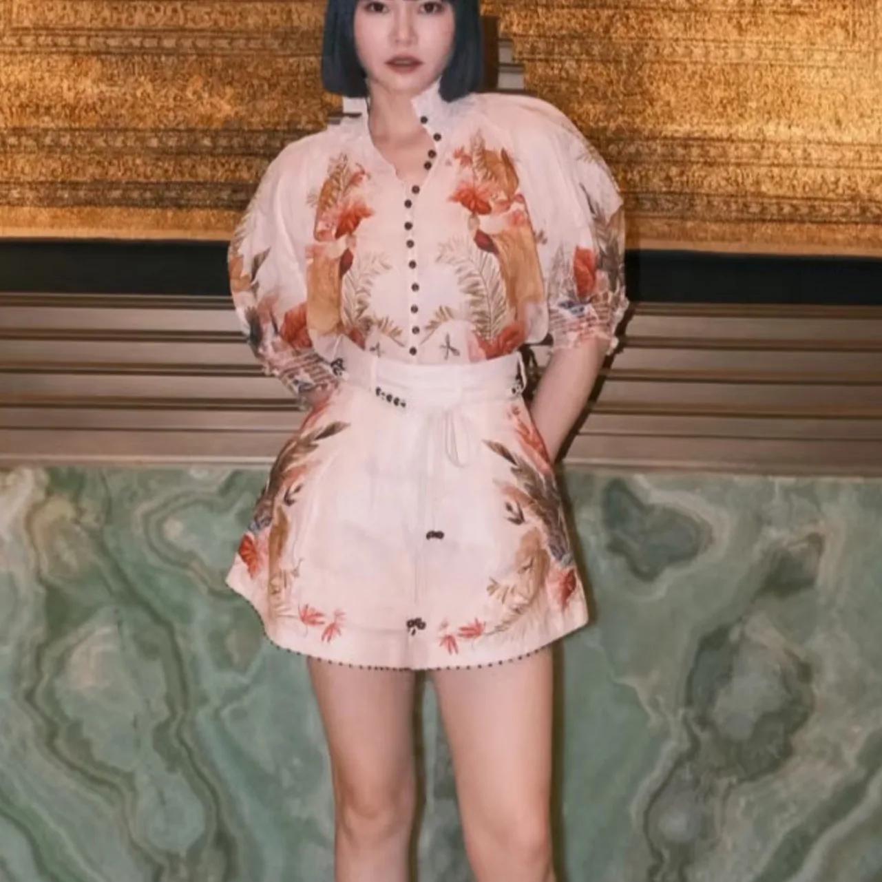 

2025 Retro Casual High Collar Lantern Sve Women's irt ort Two-Piece Set Polyester Fabric ort Sve Button Closure