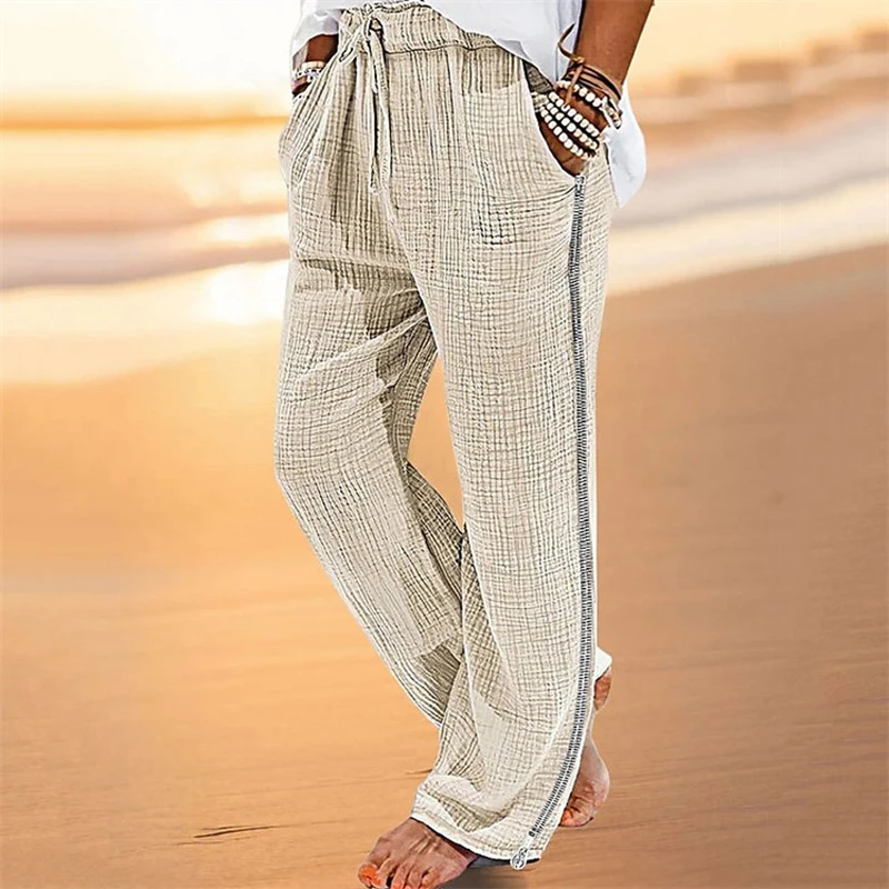 

Vintage Men Pleated Cotton Linen Casual Pants Drawstring Side Zip Elastic Waist Comfort Breathable Beach Trousers Straight Pants