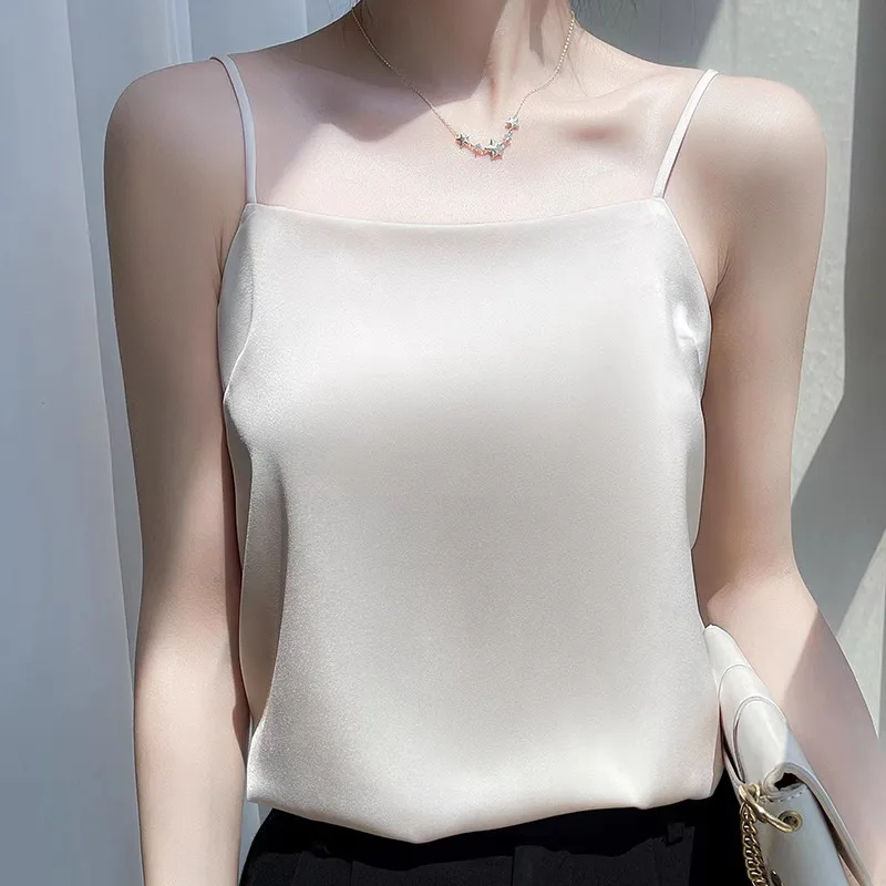 Silk Strap Vest Women's  Silk Outerwear One-Shoulder Summer New Base Layer Inner Match Vinegar Satin Face