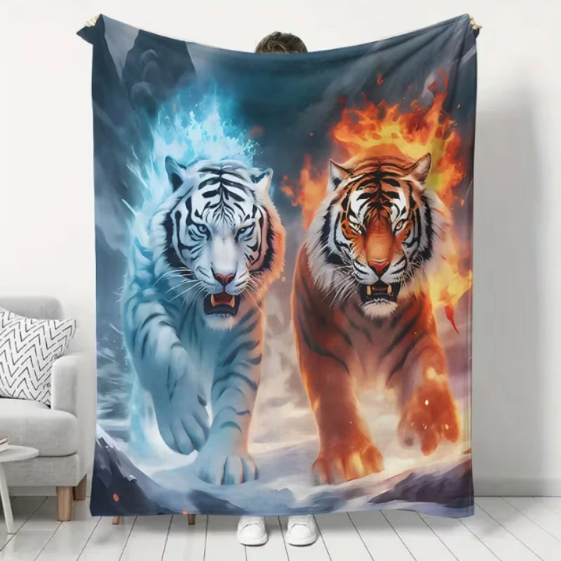 Fantasy Ice And Fire Double Tiger Creative Painting Print Cozy Warm Blanket Boys Man Room Couch Unique Household Warm Ornament