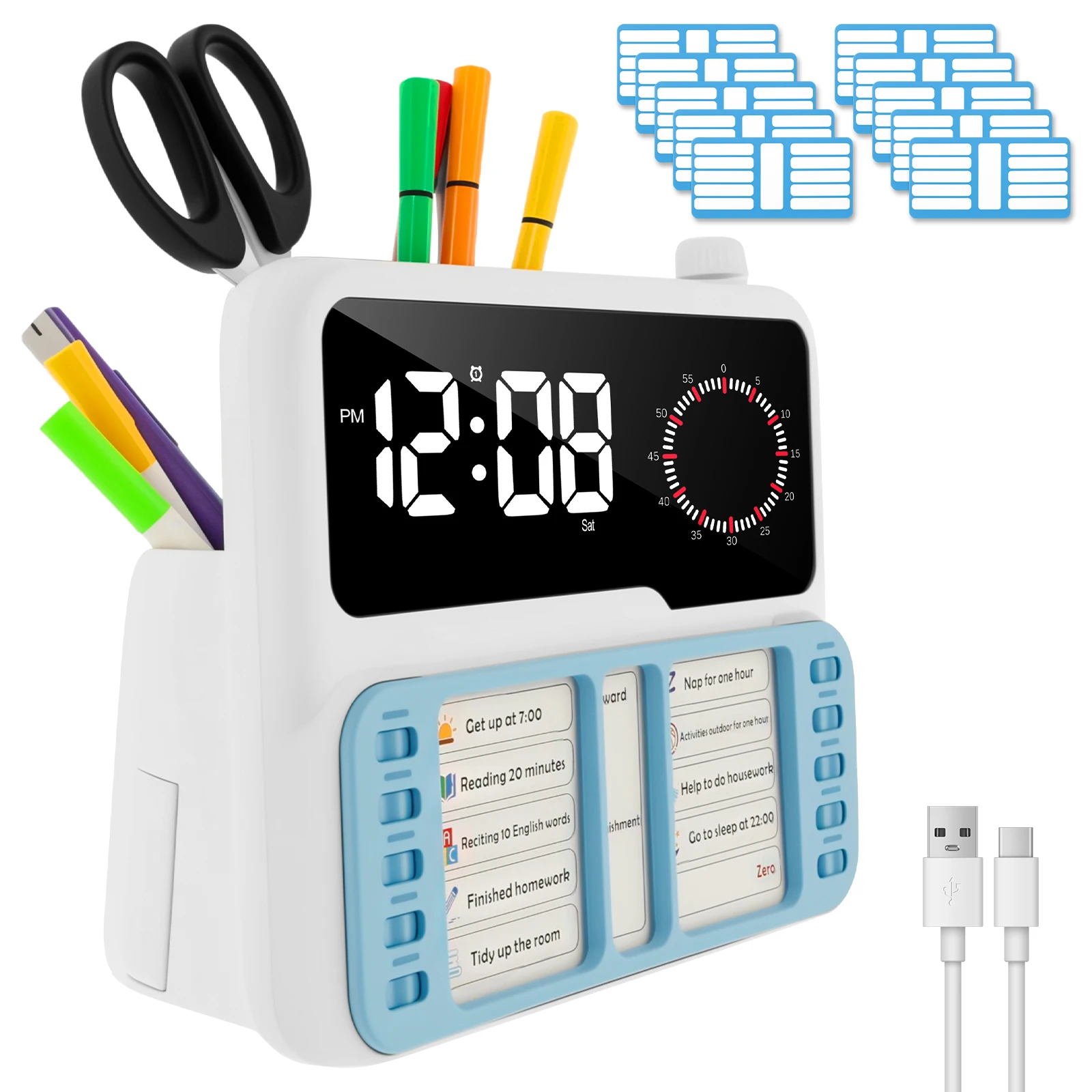 Visual Timer for Kid Temperature Date Display Silent Countdown Clock with Pen Slot Task Card for Student Educator ADHD