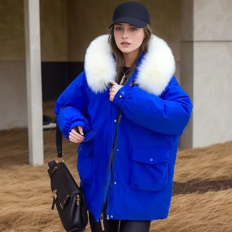 

2025 Winter Down Cotton Padded Big Fur Collar Hooded Parkas Women Thick Warm Jacket Mid Length Coat Female Outerwear Snow Wear