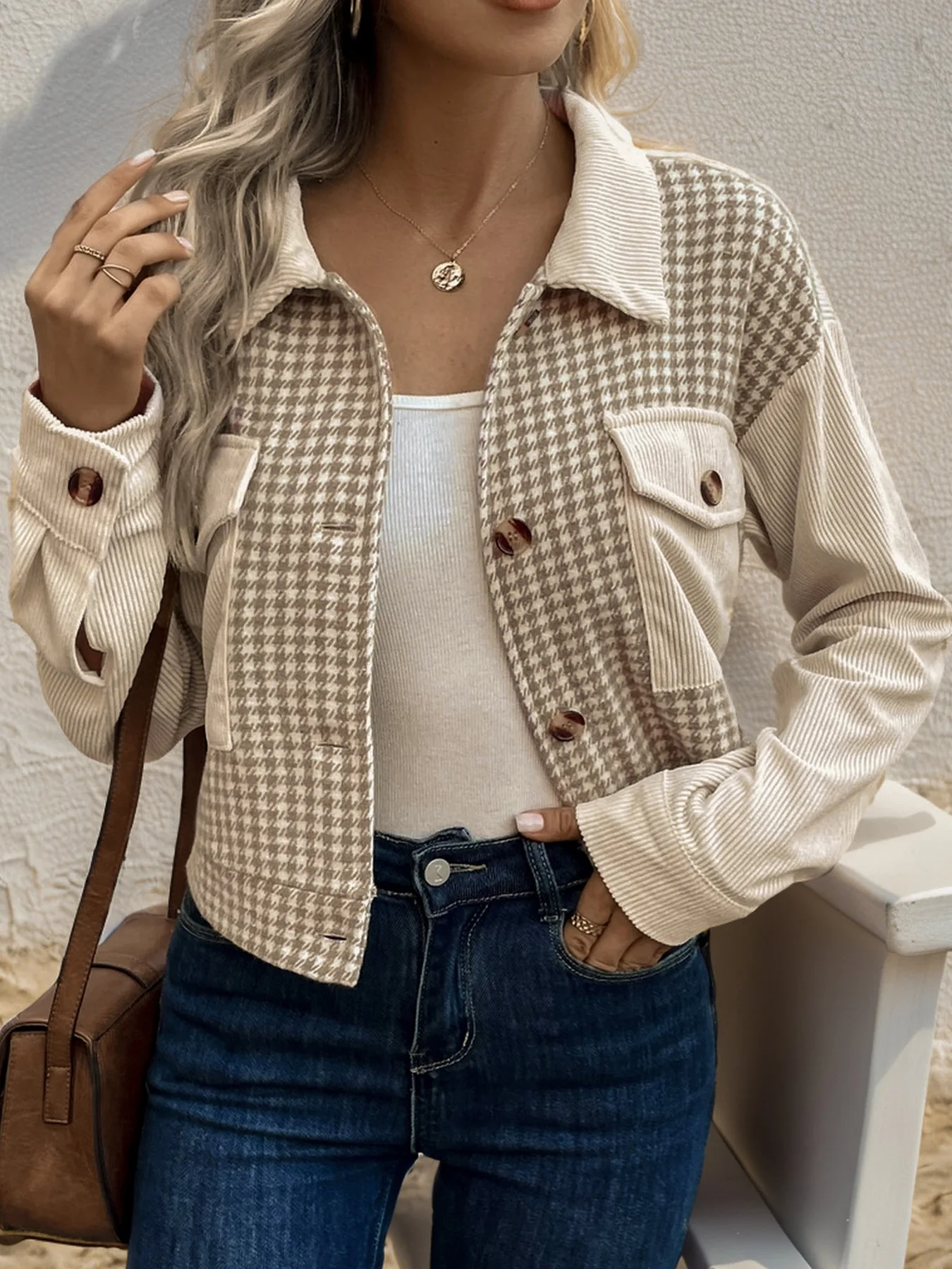 Women Houndstooth Patchwork Corduroy Cropped Jacket Lapel Long Sleeve Button Down Casual Shacket